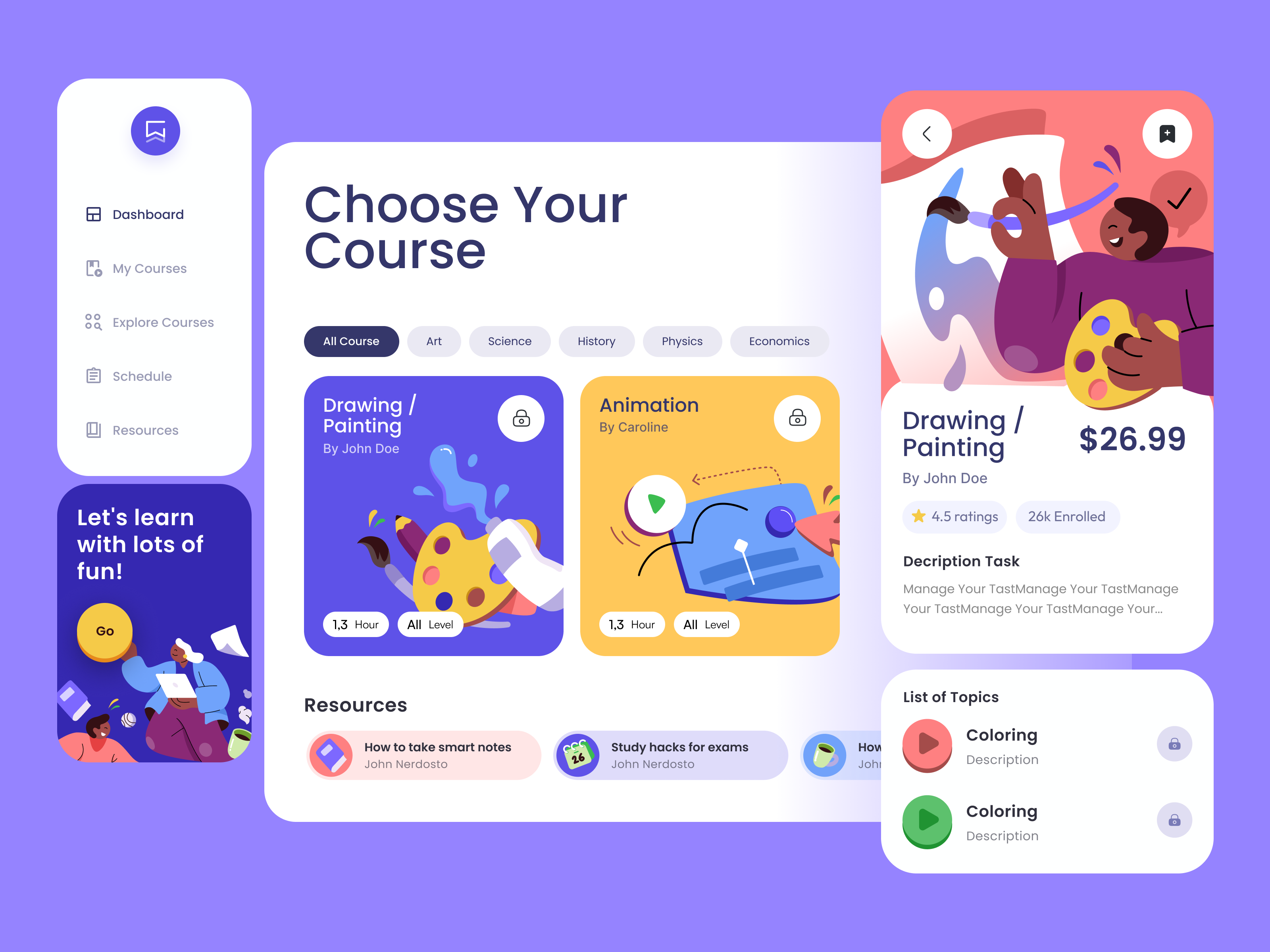 Example of E-course App Dashboard