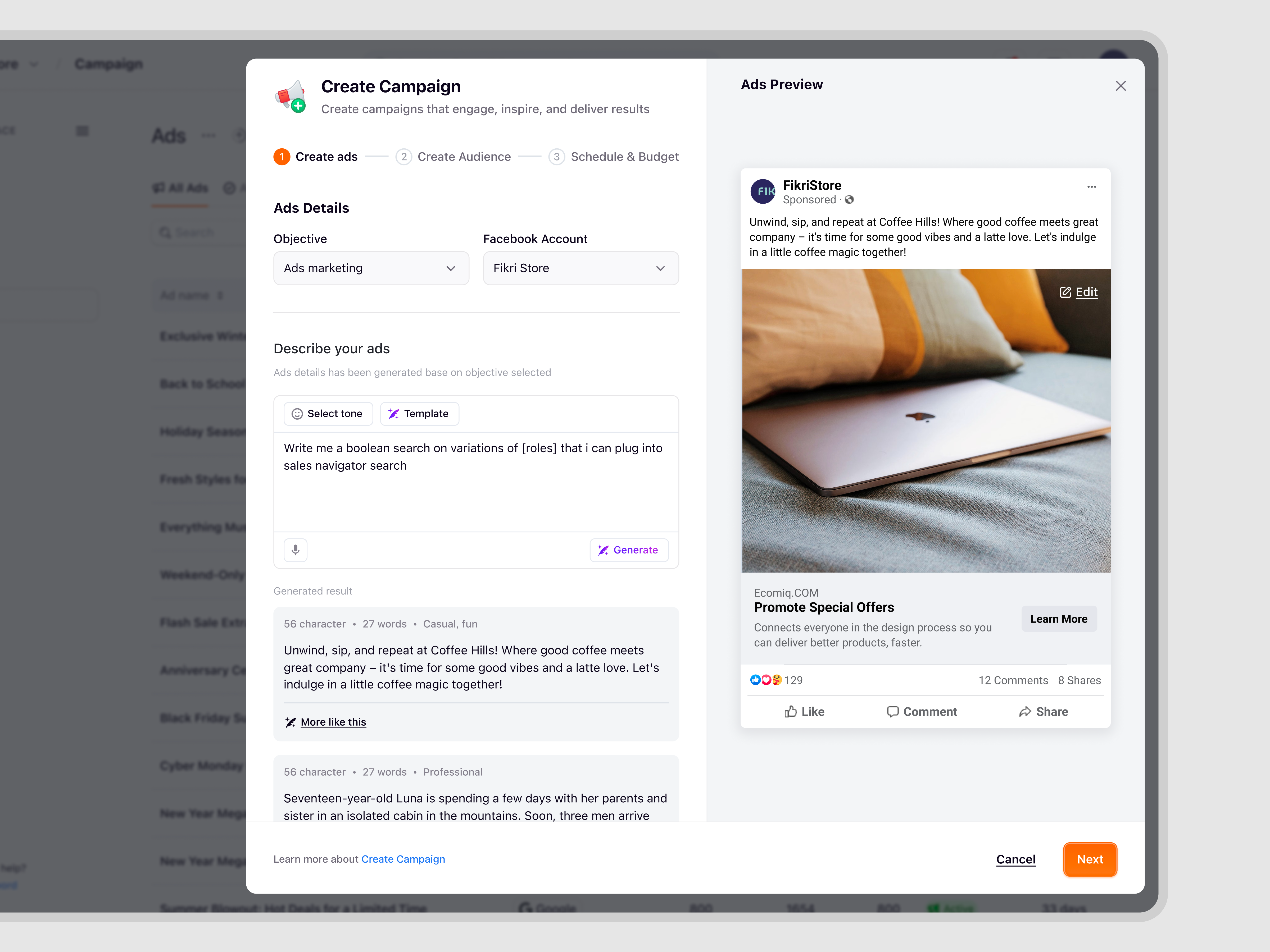 Example of Ecomiq: Campaign Creation for SaaS eCommerce